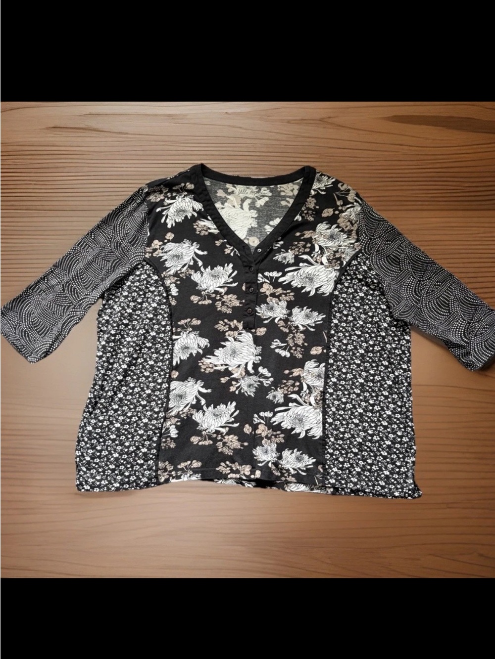 ULLA POPKEN Blouse Size 24/26 Black & White Floral 3/4 Sleeve 100% Cotton Tunic